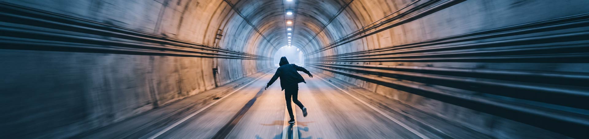 Persona corriendo por el centro de un túnel hacia la luz del fondo, con las paredes desenfocadas por la velocidad