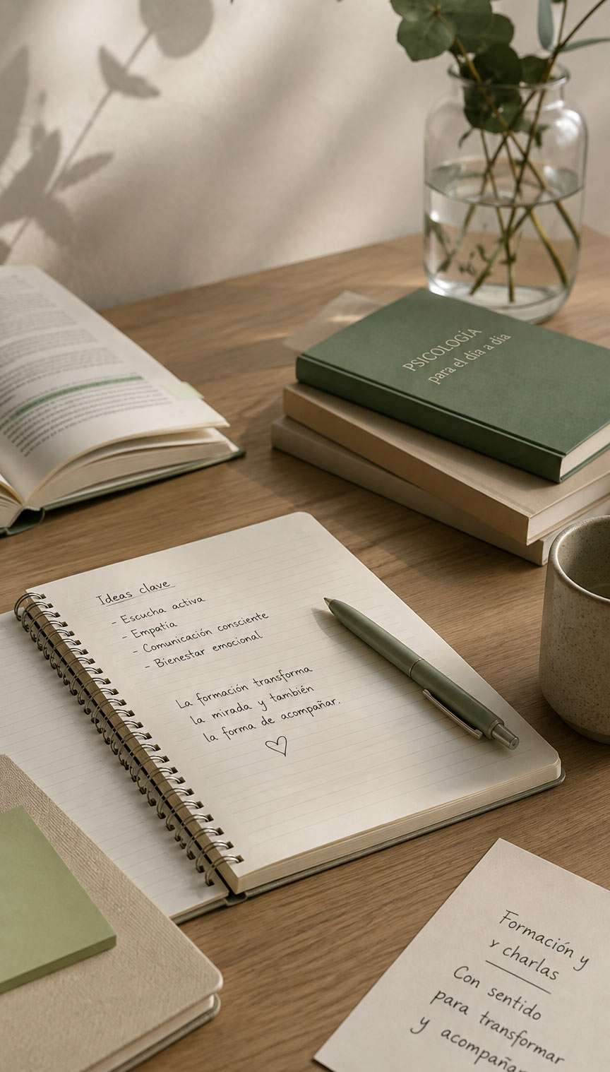 Cuaderno abierto con ideas clave, libros de psicología y una rama de eucalipto sobre una mesa de madera