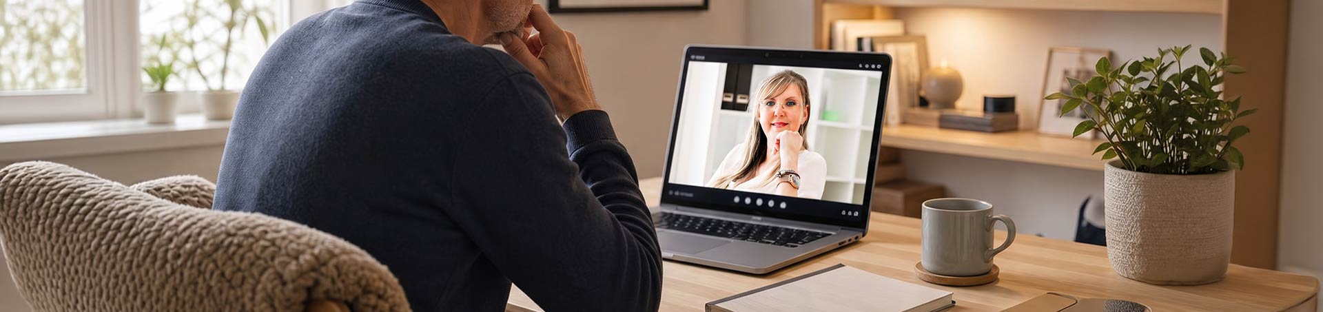Hombre sentado al escritorio de su casa durante una videollamada, con la psicóloga en la pantalla del portátil