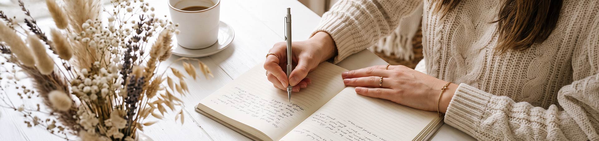 Mujer escribiendo en un cuaderno junto a una taza de café, sentada a una mesa junto a la ventana