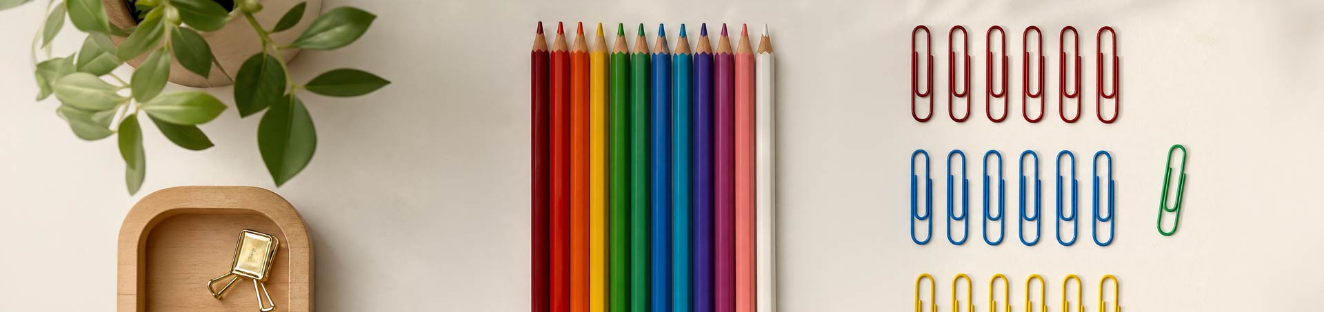 Escritorio visto desde arriba con una planta, una bandeja de madera con clips dorados, doce lápices de colores perfectamente alineados y tres filas de clips rojos, azules y amarillos; un clip verde queda fuera de la fila